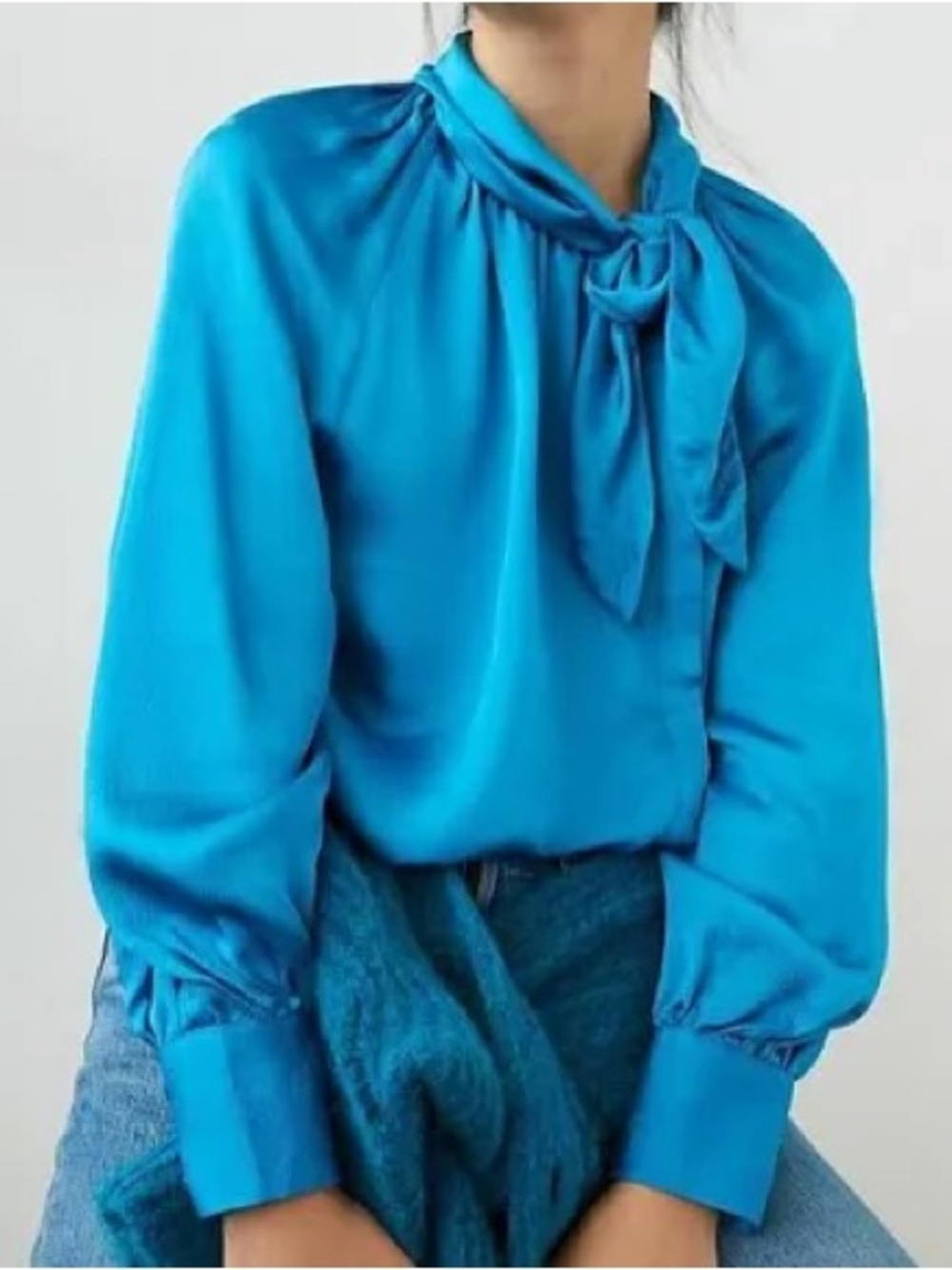 by Anthropologie Silky Tie-Neck Blouse in Vibrant Blue